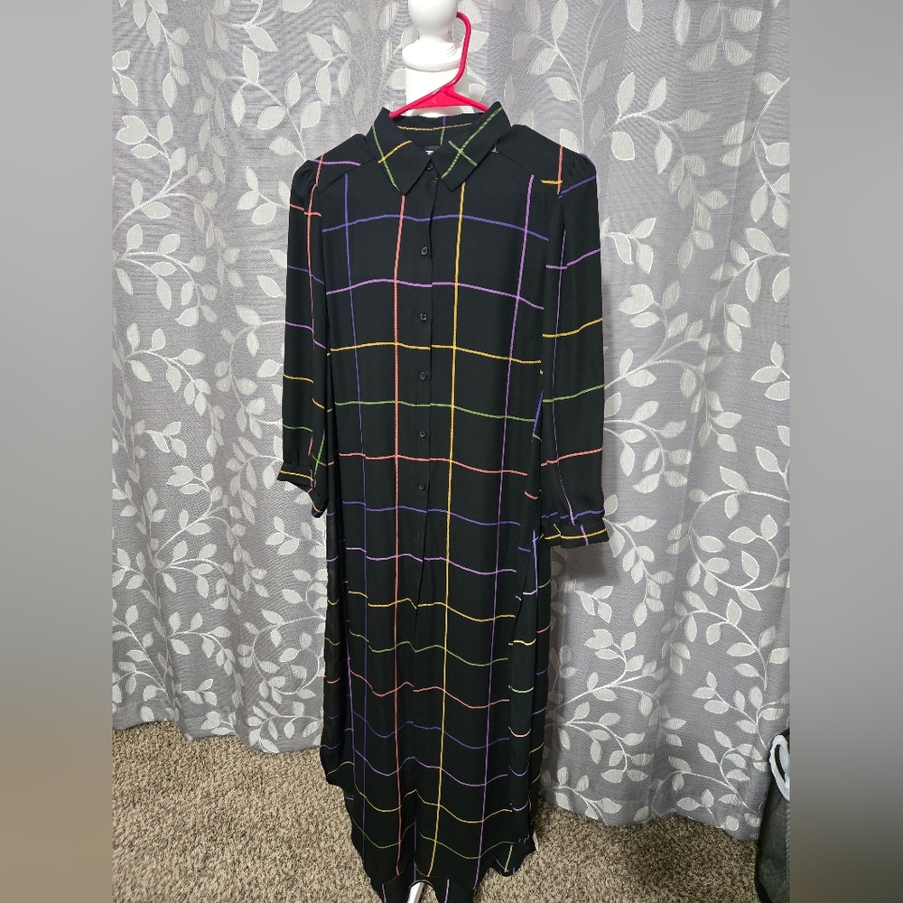 New York & Company Black Midi Shirt Dress with Rainbow Windowpane Grid